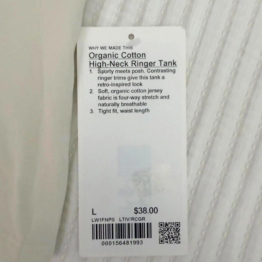 NWT Lululemon Organic Cotton High-Neck Ringer Tee Light Ivory/Raceway Green Sz L - Picture 5 of 7